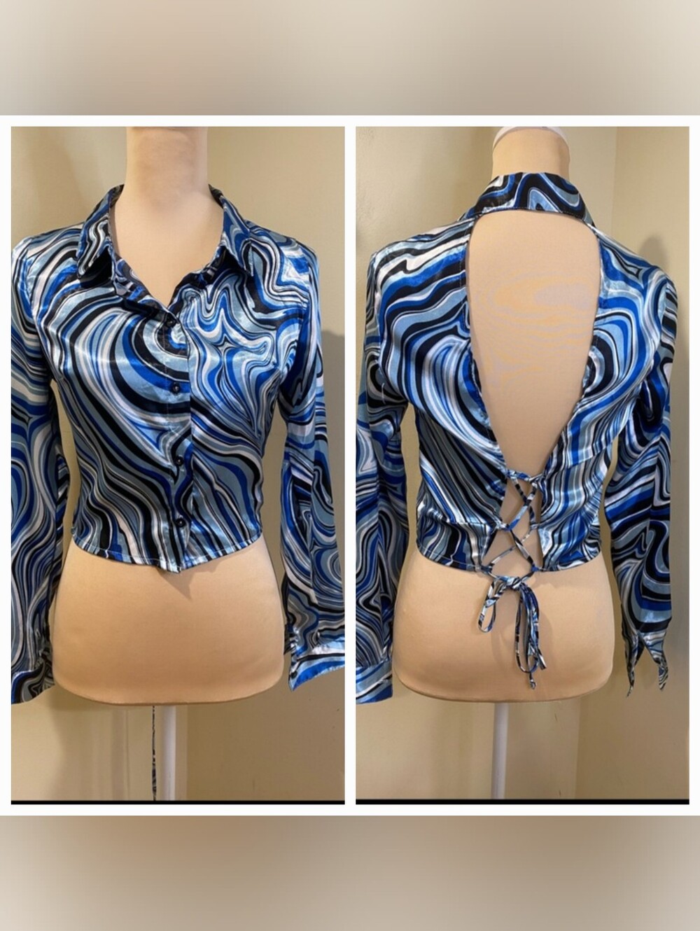 Streetwear Society Blue Black Swirl Satin Button-Down Cut Out Back  Shirt Sz M